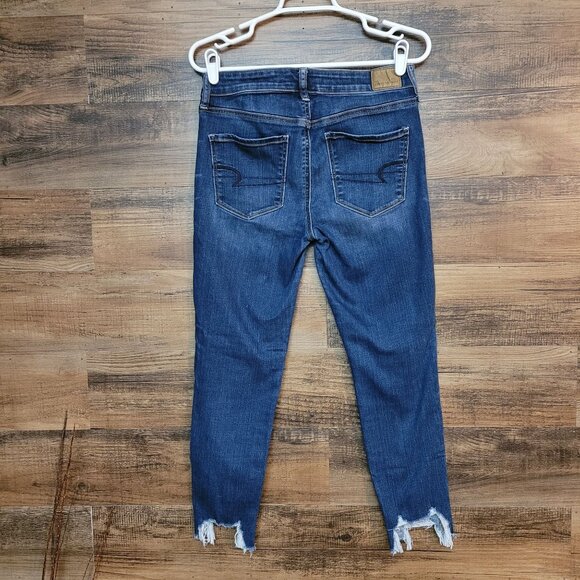 American Eagle Jeans 8 R Next Level Stretch Jegging Crop Medium Dark Wash Ripped - Picture 2 of 11